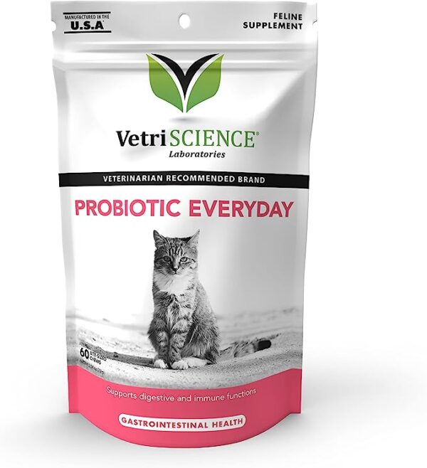 VetriScience Probiotic Everyday for Cats, Digestive Support Supplement, Duck Flavor, 60 Bite Sized Chews - Probiotics and Prebiotics, GI and Immune Support