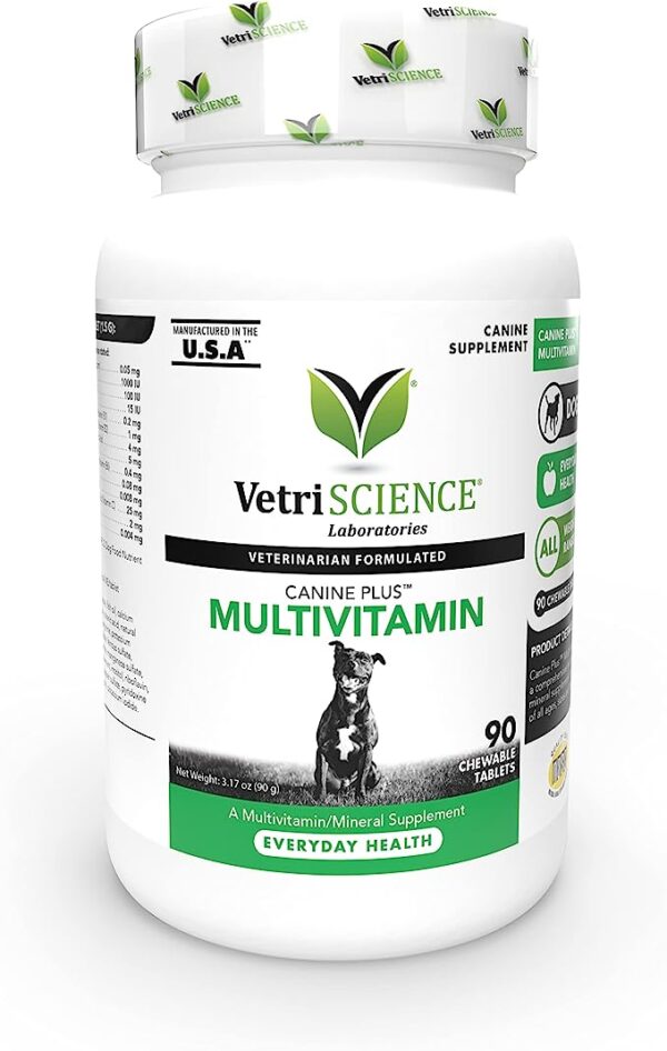 VETRISCIENCE Canine Plus MultiVitamin for Dogs - Vet Recommended Vitamin Supplement - Supports Mood, Skin, Coat, Liver Function, 90 Tablets