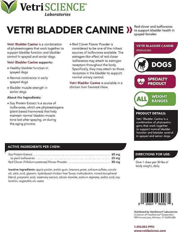 VetriScience Vetri Bladder Canine, 60 Chicken Flavored Chews - Bladder Control Supplement for Dogs with Red Clover Flower - Image 2